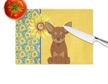 Load image into Gallery viewer, Summer Sunflowers Chocolate and Tan Chihuahua Glass Cutting Boards – Durable, Decorative Kitchen Art Large