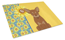 Load image into Gallery viewer, Summer Sunflowers Chocolate and Tan Chihuahua Glass Cutting Boards – Durable, Decorative Kitchen Art Large