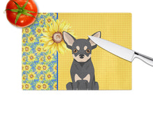 Load image into Gallery viewer, Summer Sunflowers Black and Cream Chihuahua Glass Cutting Boards – Durable, Decorative Kitchen Art Large