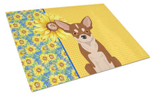 Load image into Gallery viewer, Summer Sunflowers Red and White Chihuahua Glass Cutting Boards – Durable, Decorative Kitchen Art Large