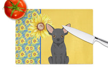Load image into Gallery viewer, Summer Sunflowers Black Chihuahua Glass Cutting Boards – Durable, Decorative Kitchen Art Large