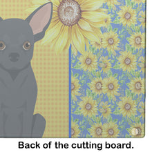 Load image into Gallery viewer, Summer Sunflowers Black Chihuahua Glass Cutting Boards – Durable, Decorative Kitchen Art Large