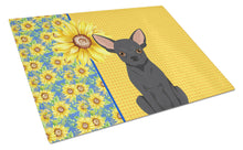 Load image into Gallery viewer, Summer Sunflowers Black Chihuahua Glass Cutting Boards – Durable, Decorative Kitchen Art Large