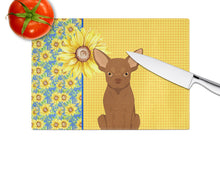 Load image into Gallery viewer, Summer Sunflowers Chocolate Chihuahua Glass Cutting Boards – Durable, Decorative Kitchen Art Large