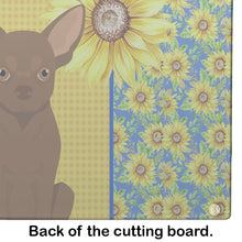 Load image into Gallery viewer, Summer Sunflowers Chocolate Chihuahua Glass Cutting Boards – Durable, Decorative Kitchen Art Large