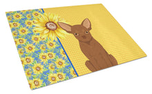 Load image into Gallery viewer, Summer Sunflowers Chocolate Chihuahua Glass Cutting Boards – Durable, Decorative Kitchen Art Large