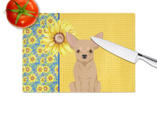 Load image into Gallery viewer, Summer Sunflowers Gold Chihuahua Glass Cutting Boards – Durable, Decorative Kitchen Art Large