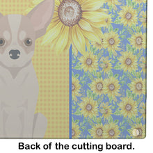 Load image into Gallery viewer, Summer Sunflowers Fawn and White Chihuahua Glass Cutting Boards – Durable, Decorative Kitchen Art Large