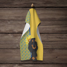 Load image into Gallery viewer, Summer Sunflowers Longhair Black and Tan Dachshund Kitchen Towel