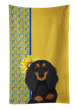 Load image into Gallery viewer, Summer Sunflowers Longhair Black and Tan Dachshund Kitchen Towel