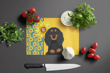 Load image into Gallery viewer, Summer Sunflowers Longhair Black and Tan Dachshund Glass Cutting Boards – Durable, Decorative Kitchen Art Large