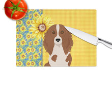 Load image into Gallery viewer, Summer Sunflowers Longhair Red Pedbald Dachshund Glass Cutting Boards – Durable, Decorative Kitchen Art Large