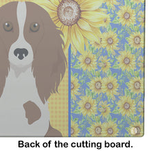 Load image into Gallery viewer, Summer Sunflowers Longhair Red Pedbald Dachshund Glass Cutting Boards – Durable, Decorative Kitchen Art Large