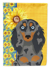 Load image into Gallery viewer, Summer Sunflowers Longhair Blue and Tan Dapple Dachshund Garden Flag – Decorative Outdoor Yard Flag