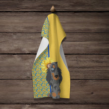 Load image into Gallery viewer, Summer Sunflowers Longhair Blue and Tan Dapple Dachshund Kitchen Towel