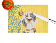 Load image into Gallery viewer, Summer Sunflowers Longhair Cream Dapple Dachshund Glass Cutting Boards – Durable, Decorative Kitchen Art Large