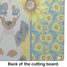 Load image into Gallery viewer, Summer Sunflowers Longhair Cream Dapple Dachshund Glass Cutting Boards – Durable, Decorative Kitchen Art Large