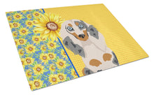 Load image into Gallery viewer, Summer Sunflowers Longhair Cream Dapple Dachshund Glass Cutting Boards – Durable, Decorative Kitchen Art Large