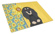 Load image into Gallery viewer, Summer Sunflowers Longhair Black and Cream Dachshund Glass Cutting Boards – Durable, Decorative Kitchen Art Large