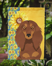 Load image into Gallery viewer, Summer Sunflowers Longhair Chocolate and Tan Dachshund Garden Flag – Decorative Outdoor Yard Flag
