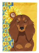 Load image into Gallery viewer, Summer Sunflowers Longhair Chocolate and Tan Dachshund Garden Flag – Decorative Outdoor Yard Flag