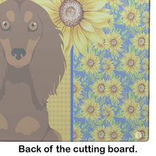 Load image into Gallery viewer, Summer Sunflowers Longhair Chocolate and Tan Dachshund Glass Cutting Boards – Durable, Decorative Kitchen Art Large