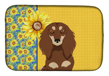 Load image into Gallery viewer, Summer Sunflowers Longhair Chocolate and Cream Dachshund Dish Drying Mat – Absorbent, Artistic Kitchen Essentials