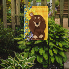 Load image into Gallery viewer, Summer Sunflowers Longhair Chocolate and Cream Dachshund Garden Flag – Decorative Outdoor Yard Flag
