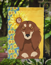 Load image into Gallery viewer, Summer Sunflowers Longhair Chocolate and Cream Dachshund Garden Flag – Decorative Outdoor Yard Flag