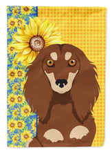 Load image into Gallery viewer, Summer Sunflowers Longhair Chocolate and Cream Dachshund Garden Flag – Decorative Outdoor Yard Flag
