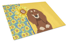 Load image into Gallery viewer, Summer Sunflowers Longhair Chocolate and Cream Dachshund Glass Cutting Boards – Durable, Decorative Kitchen Art Large