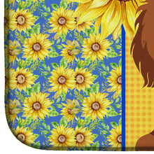 Load image into Gallery viewer, Summer Sunflowers Longhair Red Dachshund Dish Drying Mat – Absorbent, Artistic Kitchen Essentials