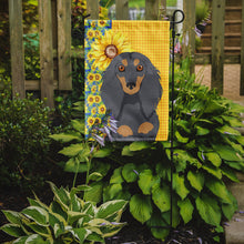 Load image into Gallery viewer, Summer Sunflowers Longhair Blue and Tan Dachshund Garden Flag – Decorative Outdoor Yard Flag