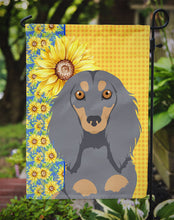 Load image into Gallery viewer, Summer Sunflowers Longhair Blue and Tan Dachshund Garden Flag – Decorative Outdoor Yard Flag