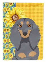 Load image into Gallery viewer, Summer Sunflowers Longhair Blue and Tan Dachshund Garden Flag – Decorative Outdoor Yard Flag