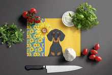 Load image into Gallery viewer, Summer Sunflowers Black and Tan Dachshund Glass Cutting Boards – Durable, Decorative Kitchen Art Large