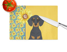 Load image into Gallery viewer, Summer Sunflowers Black and Tan Dachshund Glass Cutting Boards – Durable, Decorative Kitchen Art Large