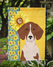 Load image into Gallery viewer, Summer Sunflowers Red Piebald Dachshund Garden Flag – Decorative Outdoor Yard Flag