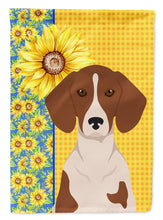 Load image into Gallery viewer, Summer Sunflowers Red Piebald Dachshund Garden Flag – Decorative Outdoor Yard Flag