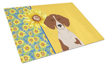 Load image into Gallery viewer, Summer Sunflowers Red Piebald Dachshund Glass Cutting Boards – Durable, Decorative Kitchen Art Large
