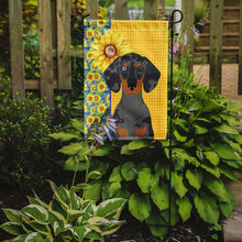 Load image into Gallery viewer, Summer Sunflowers Black Dapple Dachshund Garden Flag – Decorative Outdoor Yard Flag