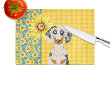 Load image into Gallery viewer, Summer Sunflowers Cream Dapple Dachshund Glass Cutting Boards – Durable, Decorative Kitchen Art Large