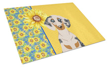 Load image into Gallery viewer, Summer Sunflowers Cream Dapple Dachshund Glass Cutting Boards – Durable, Decorative Kitchen Art Large