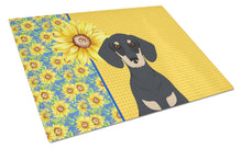 Load image into Gallery viewer, Summer Sunflowers Black and Cream Dachshund Glass Cutting Boards – Durable, Decorative Kitchen Art Large