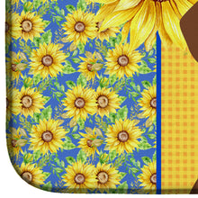 Load image into Gallery viewer, Summer Sunflowers Chocolate and Tan Dachshund Dish Drying Mat – Absorbent, Artistic Kitchen Essentials