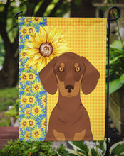 Load image into Gallery viewer, Summer Sunflowers Chocolate and Tan Dachshund Garden Flag – Decorative Outdoor Yard Flag