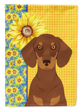 Load image into Gallery viewer, Summer Sunflowers Chocolate and Tan Dachshund Garden Flag – Decorative Outdoor Yard Flag