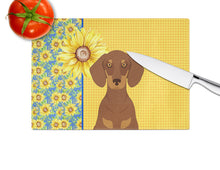 Load image into Gallery viewer, Summer Sunflowers Chocolate and Tan Dachshund Glass Cutting Boards – Durable, Decorative Kitchen Art Large