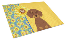 Load image into Gallery viewer, Summer Sunflowers Chocolate and Tan Dachshund Glass Cutting Boards – Durable, Decorative Kitchen Art Large