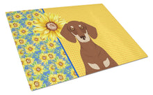 Load image into Gallery viewer, Summer Sunflowers Chocolate and Cream Dachshund Glass Cutting Boards – Durable, Decorative Kitchen Art Large